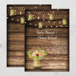 Convite Rustic Mason Jar Fireflies Sunflower String Light