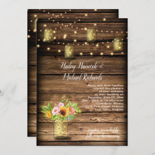 Convite Rustic Mason Jar Fireflies Sunflower String Light