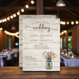 Convite Rustic Mason Jar Floral on Wood Wedding Invitation