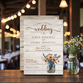 Convite Rustic Mason Jar Floral on Wood Wedding Invitation