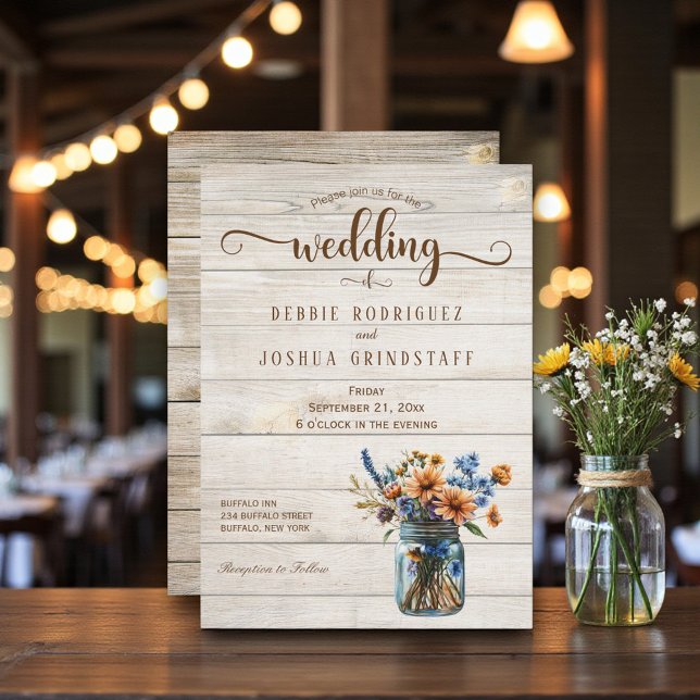 Convite Rustic Mason Jar Floral on Wood Wedding Invitation (Criador carregado)