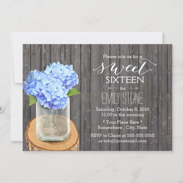 Convite Rustic Mason Jar Hydrangea Barn Wood Sweet 16 (Frente)