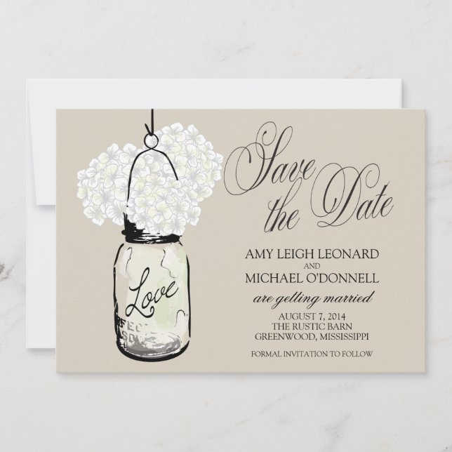 Convite Rustic Mason Jar Hydrangrea Salve a Data (Frente)