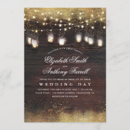 Convite Rustic Mason Jar Lights e Dourado Casamento Glitte