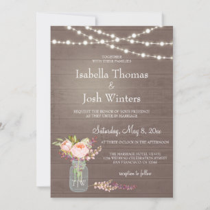 Convite Rustic Mason Jar Lights Pink Peony Buquê Casamento