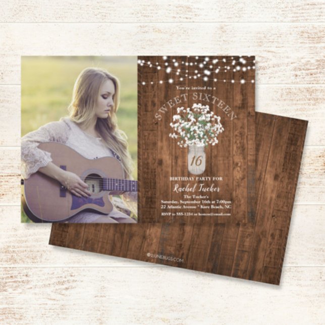 Convite Rustic Mason Jar Lights Sweet 16 Foto de aniversár (Criador carregado)