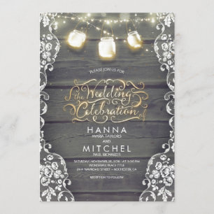 Convite Rustic Mason Jar Lights Wood and Lace Weds