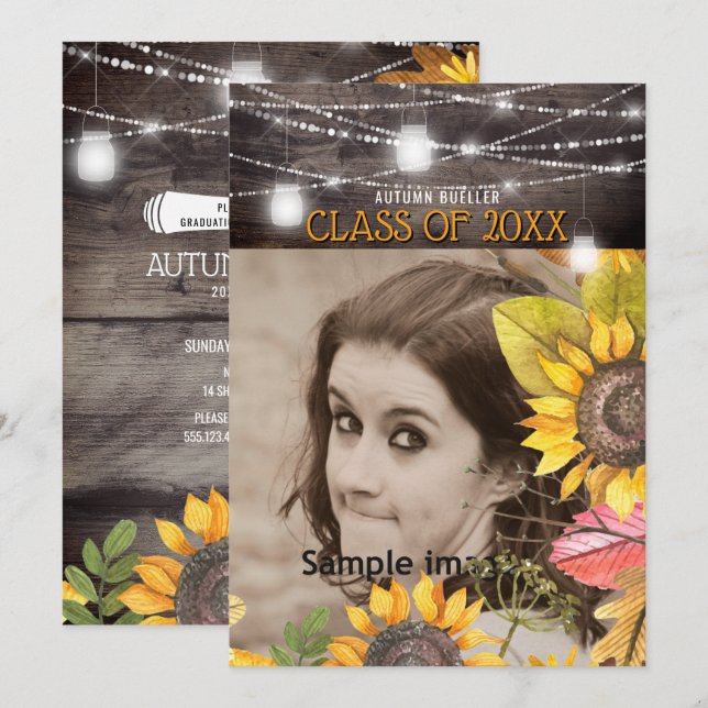 Convite Rustic Mason Jar Luz Girassol Graduação de Foto (Frente/Verso)