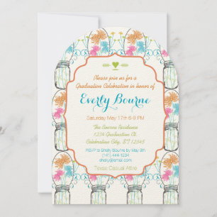 Convite Rustic Mason Jar Pink Coral Aqua Floral Graduation