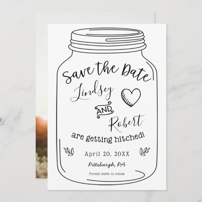 Convite Rustic Mason Jar Salve a Data com Foto (Frente/Verso)