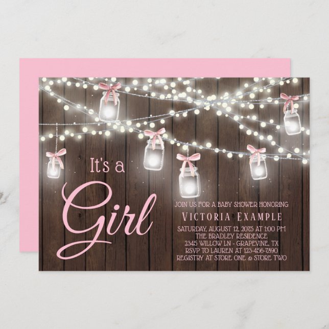 Convite Rustic Mason Jar String Light Baby Girl Chá Inv (Frente/Verso)
