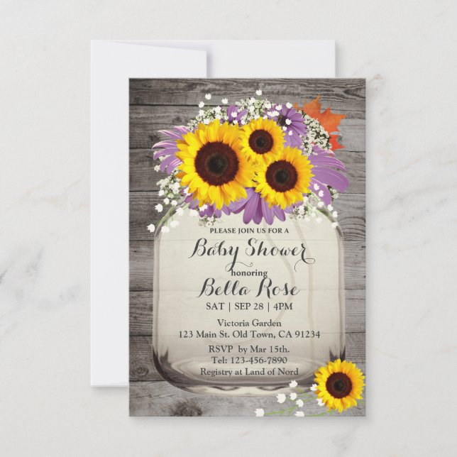Convite Rustic Mason Jar Sunflower Baby Shower (Frente)