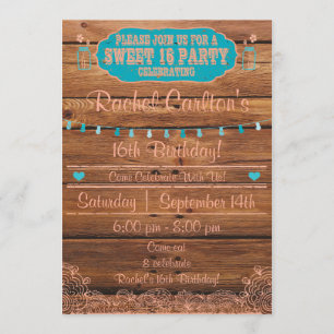 Convite Rustic Mason Jar Sweet 16 Aniversário de Teal