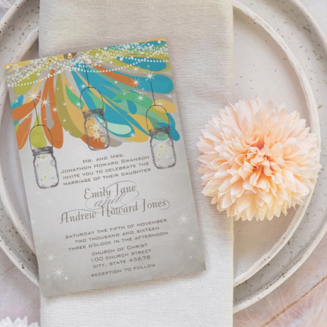 Convite Rustic Mason Jar Yellow Orange Turquoise Fairytale (Criador carregado)