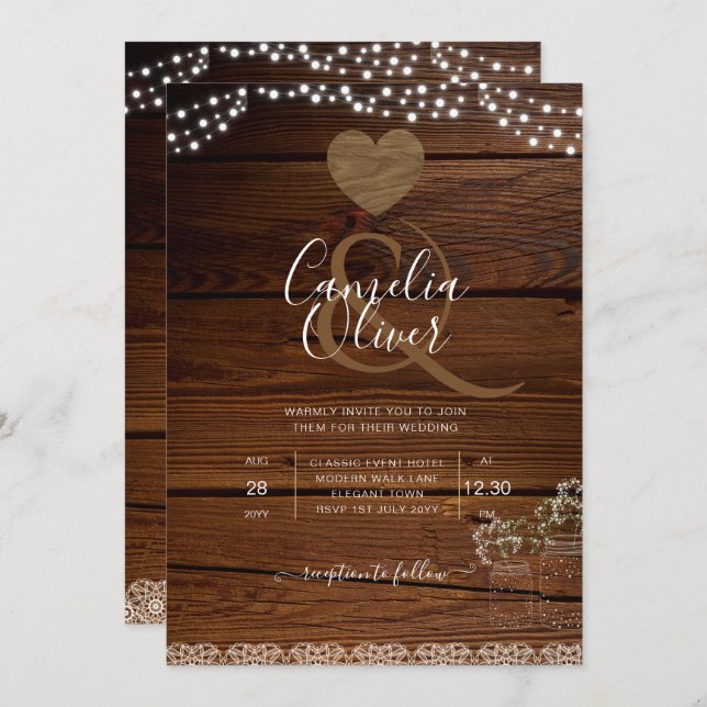 Convite Rustic Mason Jars Lights Lace Gypsophilia WEDDING (Frente/Verso)