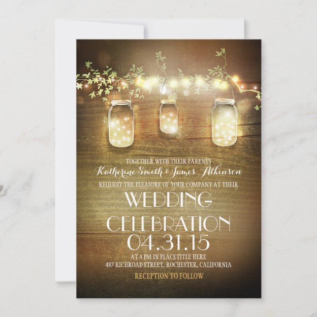 Convite Rustic Mason Jars String Luzes Elegante Casamento (Frente)