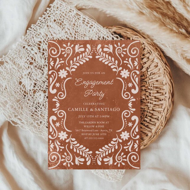 Convite Rustic Mexicano Papel Picado Festa de noivado (Terracotta Papel Picado Engagement Party Invitation)