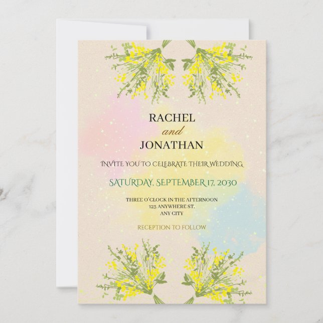 Convite Rustic Mimosa Floral Watercolor Wedding Invitation (Frente)