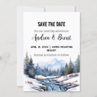 Convite Rustic Minimalist Mountain Lake Snow Salve a Data