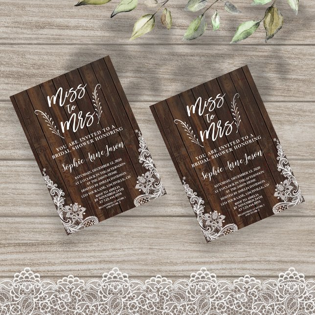 Convite Rustic Miss To Mrs Wood Lace Chá de panela (miss to mrs invitation)