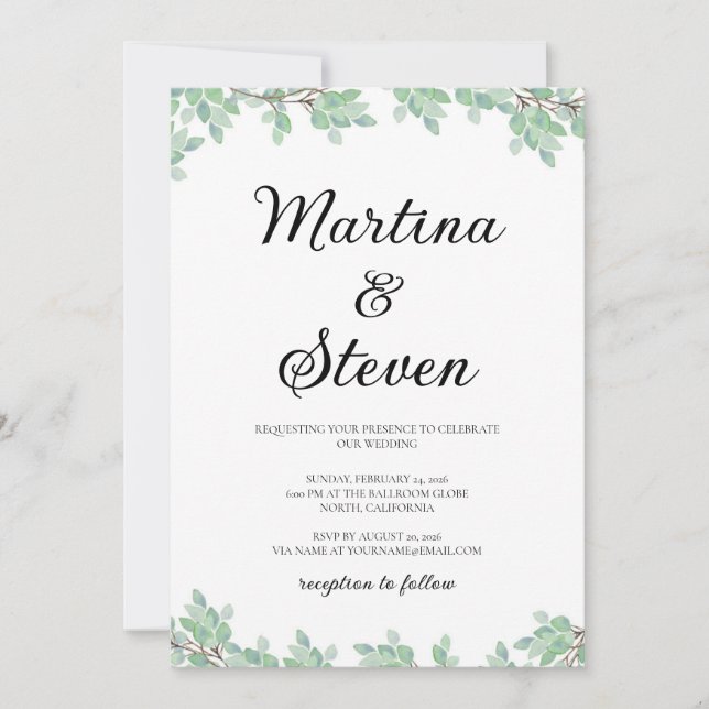 Convite Rustic Modern Eucalyptus Greenery Wedding (Frente)