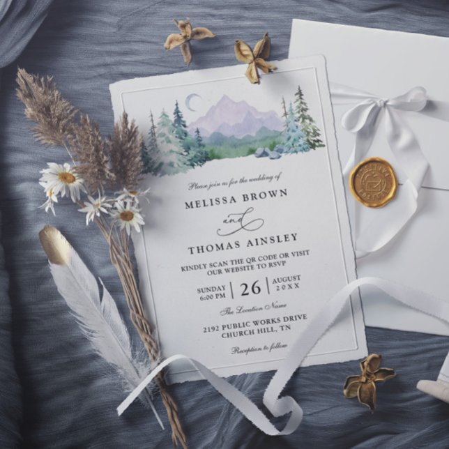 Convite Rustic Mountain Forest Landscape QR Code Wedding (Criador carregado)