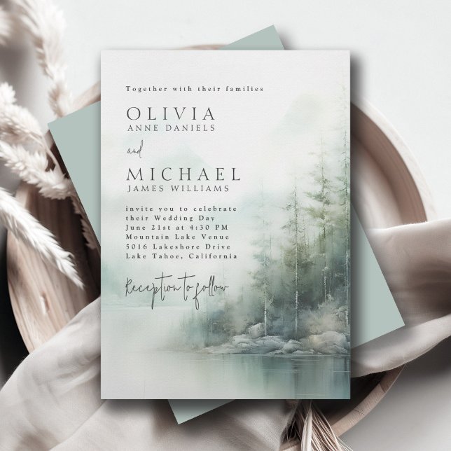 Convite Rustic Mountain Lake Misty Pines Modern Wedding (Criador carregado)