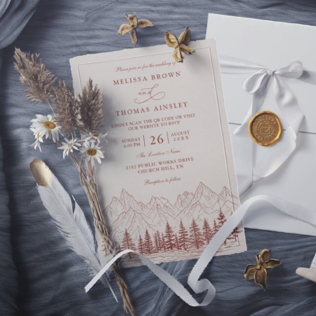 Convite Rustic Mountain Pine Terracotta QR Code Wedding (Criador carregado)