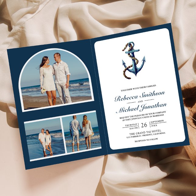 Convite Rustic Navy Blue Anchor Rope Photo QR Code Wedding (Criador carregado)
