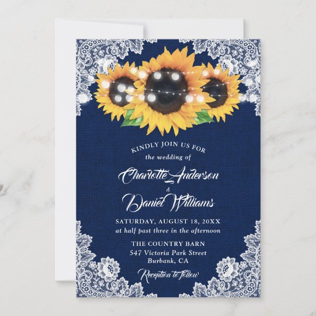 Convite Rustic Navy Blue Burlap Lace Sunflower Wedding (Frente)