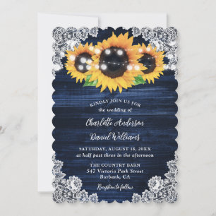 Convite Rustic Navy Blue Burlap Lace Sunflower Wedding