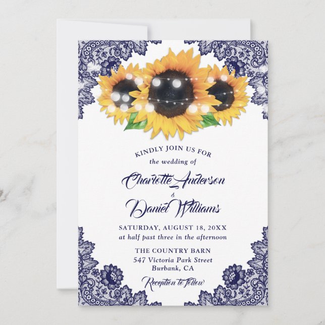 Convite Rustic Navy Blue Floral Lace Sunflower Wedding (Frente)