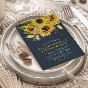 Convite Rustic Navy Blue Sunflower & Gold Confetti Wedding