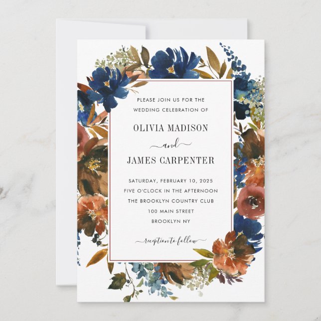 Convite Rustic Navy Blue Terracotta Floral Fall Wedding (Frente)