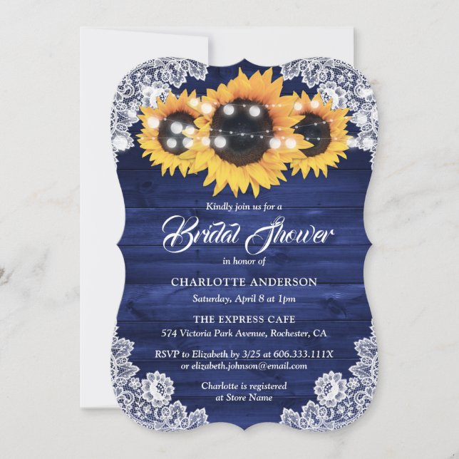 Convite Rustic Navy Blue Wood Lace Sunflower Bridal Shower (Frente)