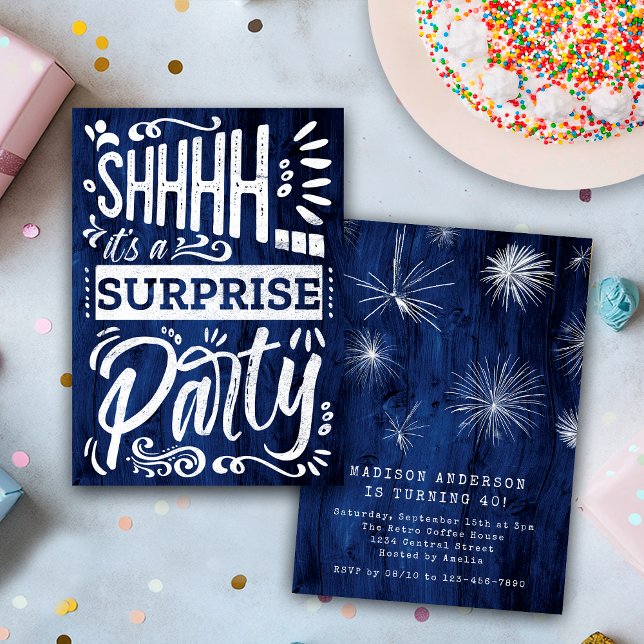 Convite Rustic Navy Blue Wood Shh Surprise Birthday Party (Criador carregado)