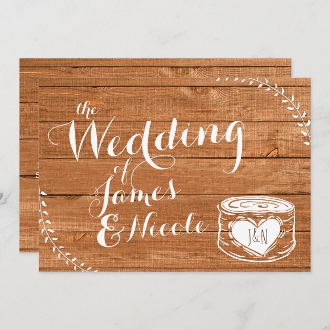 Convite Rustic Oak Wood & Heart Stump Weding (Frente/Verso)
