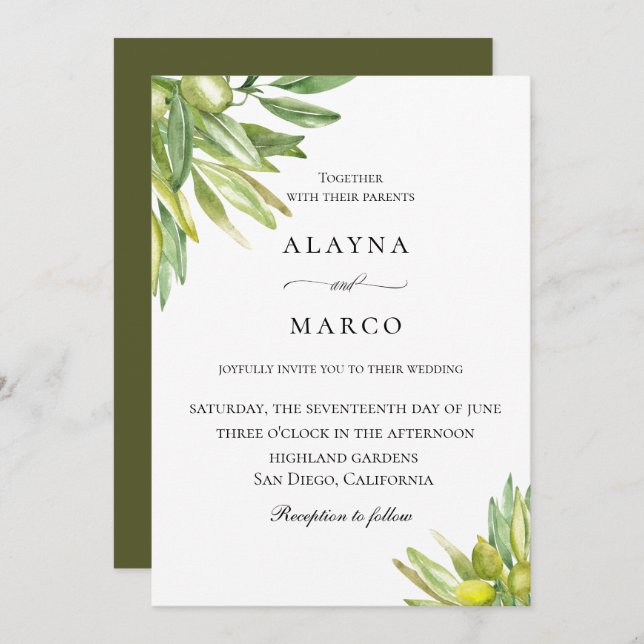 Convite Rustic Olive Tuscan Para Casamento (Frente/Verso)