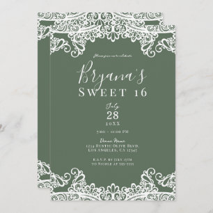 Convite Rustic Olive & White Lace Elegant Sweet 16 Party
