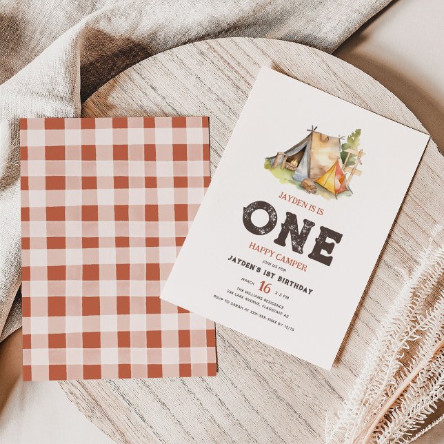 Convite Rustic One Happy Camper Birthday (Criador carregado)