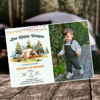 Convite Rustic One Happy Camper primeiro aniversario Party