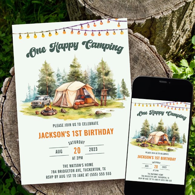 Convite Rustic One Happy Camper primeiro aniversario Party (Criador carregado)