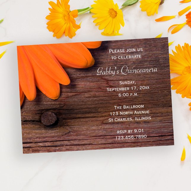 Convite Rustic Orange Barn Wood Daisy Quinceanera Party (Criador carregado)