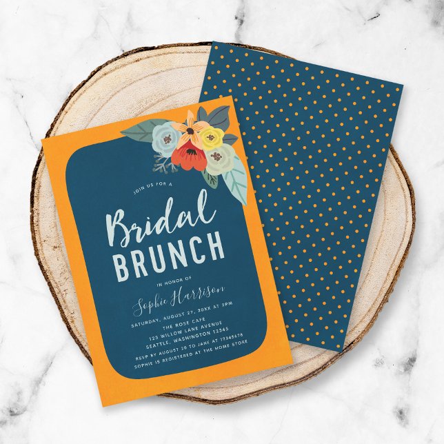 Convite Rustic Orange Blue Floral Bridal Brunch (Criador carregado)