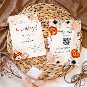 Convite Rustic Orange Boho Watercolor RSVP Código QR Casam
