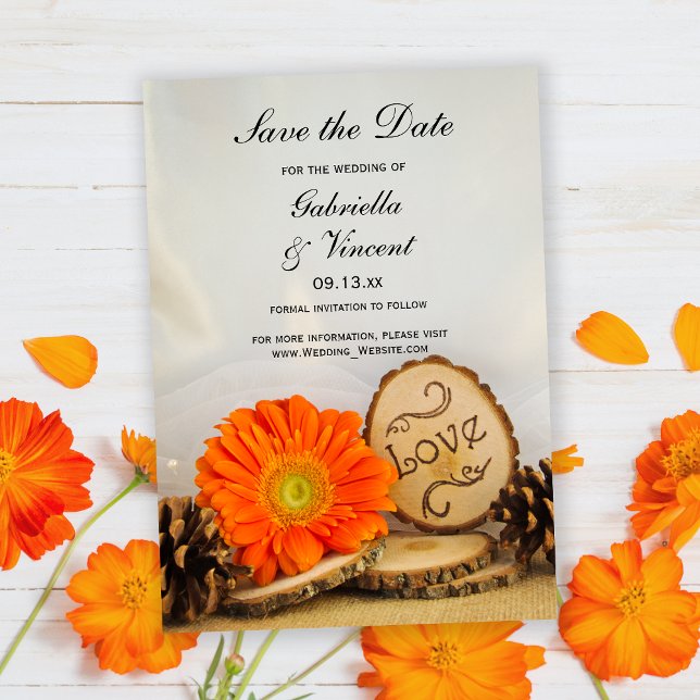 Convite Rustic Orange Daisy Woodland Casamento Salve a Dat (Criador carregado)