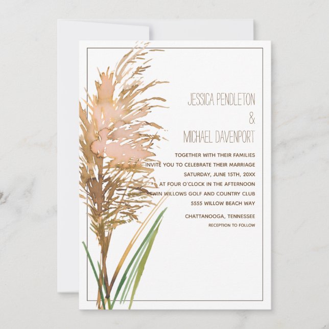Convite Rustic Pampas Grass em Casamento Branco (Frente)