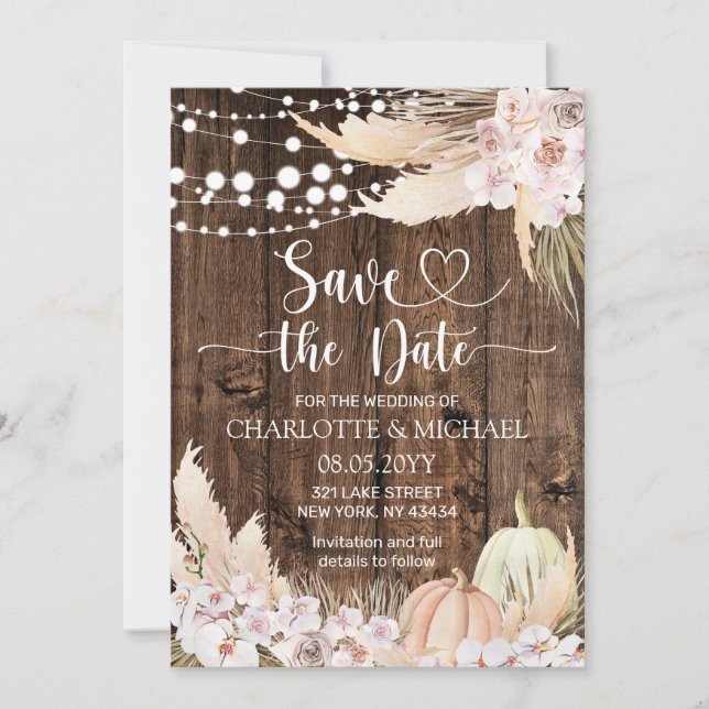 Convite Rustic Pampas Grass Save the Date Wedding (Frente)