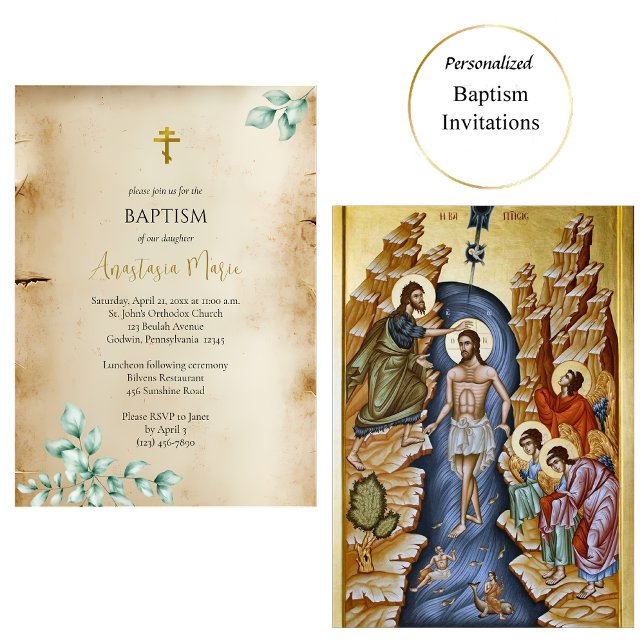 Convite Rustic Parchment with Eucalyptus Orthodox Baptism (Criador carregado)