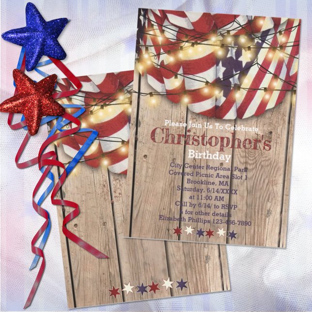 Convite Rustic Patriotic Red Blue Birday (Criador carregado)